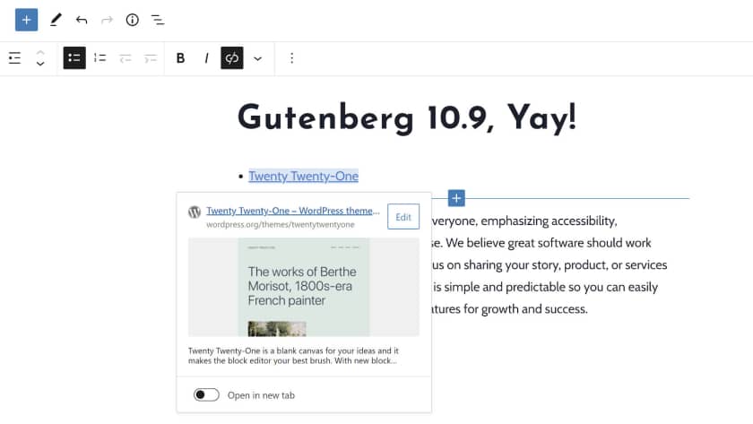 Gutenberg 10.9 重命名查询块，添加可折叠的列表视图项，并推出网址预览区块