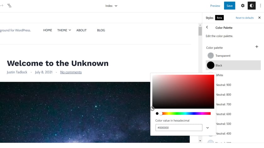 调色板部分在 WordPress 站点编辑器的全局样式侧栏中打开。 颜色选择器打开。