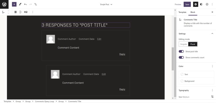 WordPress 站点编辑器，显示一个评论查询循环和两条评论。 在它们上方是一个评论标题栏。