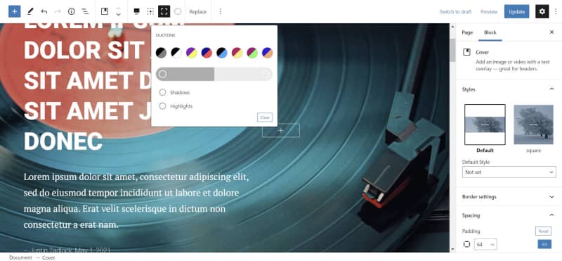 Gutenberg 10.6 添加Duotone过滤器、查询模式轮播和最常用标签选择器