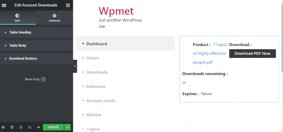 customize_my_account_downloads__widget_with_elementor